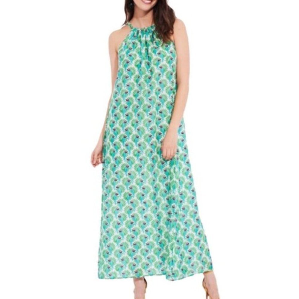 ROLLER RABBIT green white Nilo silk blend maxi dress in Bello the Parrot print